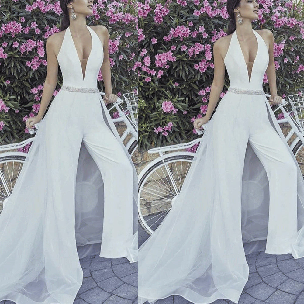 detachable skirt white jumpsuits for weddings 2020 vestido de festa de longo beaded pants for women