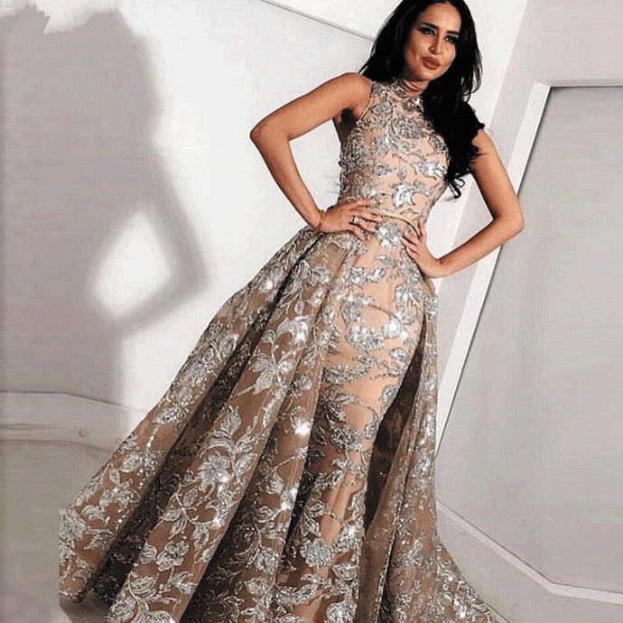 champagne evening dresses 2020 detachable skirt sequin appliqué sparkle arabic evening gown formal dress