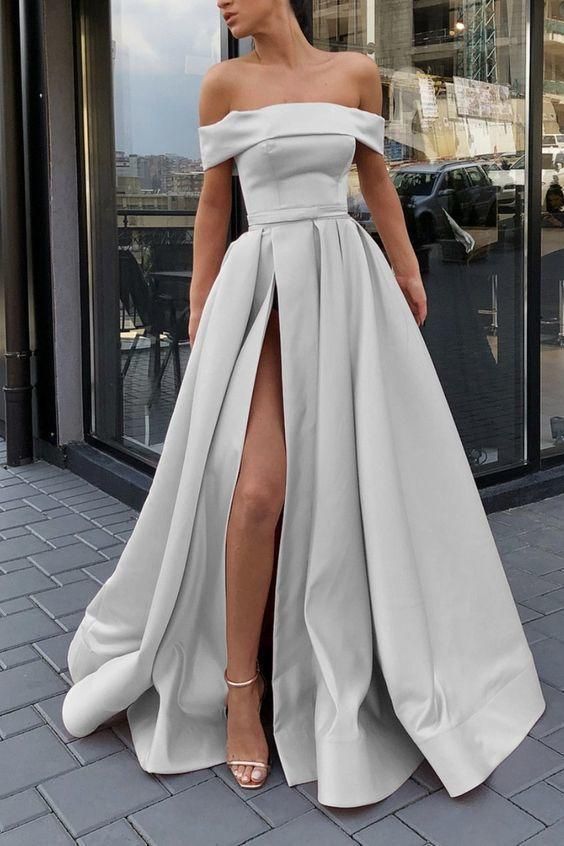 boat neck silver prom dresses long satin elegant a line cheap prom gown with side slit abendkleider