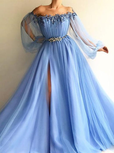 flare sleeve blue prom dresses 3d flowers beaded elegant a line prom gown robe de soiree 2020