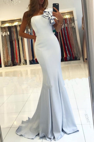 one shoulder simple evening dresses long light blue elegant mermaid modest formal wear 2021