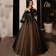 Load image into Gallery viewer, black vintage prom dresses long sleeve lace applique off the shoulder elegant prom gown robe de soiree