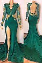 Load image into Gallery viewer, green beaded evening dresses long sleeve modest lace applique mermaid elegant evening gown 2022 robe de soiree