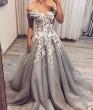 Load image into Gallery viewer, lace applique prom dresses 2020 silver gray beaded elegant cheap prom gown 2021 vestido de festa