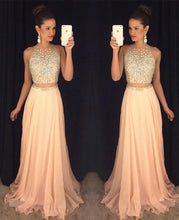Load image into Gallery viewer, 2 piece prom dresses long beaded o neck sparkly champagne a line prom gown vestido de fiesta