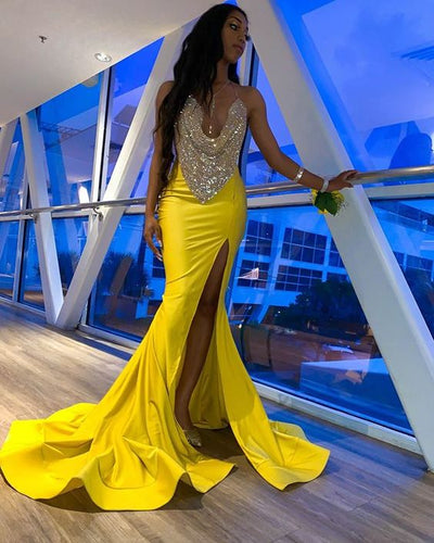 African evening dresses long mermaid sparkly modest yellow cheap evening gown vestido de Longo