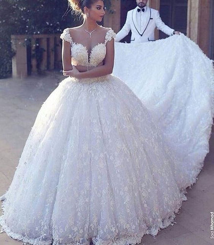 off white wedding dresses for bride lace appliqué elegant cap sleeve chapel train wedding ball gown
