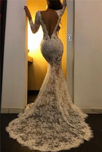 Load image into Gallery viewer, lace evening dresses long sleeve mermaid appliqué open back elegant sexy formal dresses