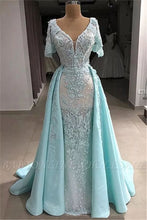 Load image into Gallery viewer, baby blue elegant prom dresses with detachable skirt lace applique beaded short sleeve prom gown