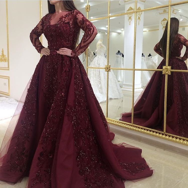 long sleeve prom dresses ball gown burgundy lace applique beaded arabic elegant prom gown