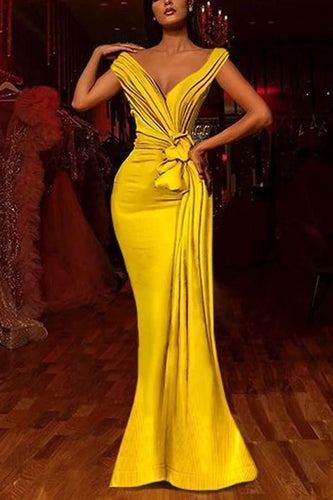 v neck simple evening dresses long mermaid modest yellow elegant cheap formal evening gown