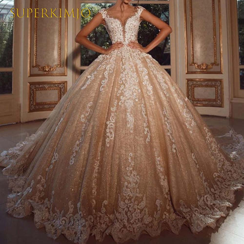 champagne luxury wedding dresses ball gown lace applique sparkly elegant vintage wedding gown