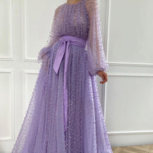 Load image into Gallery viewer, purple beaded prom dresses long flare sleeve peals lilac elegant luxury prom gown vestido de fiesta