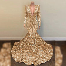 Load image into Gallery viewer, gold champagne evening dresses long sleeve v neck modest luxury sparkly evening gown formal dress