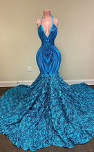 Load image into Gallery viewer, modest evening dresses long blue sequin applique elegant mermaid halter formal dress vestido de fiesta