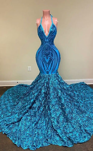 modest evening dresses long blue sequin applique elegant mermaid halter formal dress vestido de fiesta