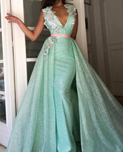 Load image into Gallery viewer, mint green prom dresses long sleeveless v neck beaded floral sparkly elegant prom gown robe de soiree