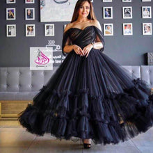 Load image into Gallery viewer, black prom dresses ball gown off the shoulder tulle simple vintage arabic prom gown vestido de fiesta