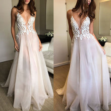 Load image into Gallery viewer, light pink prom dresses 2020 deep v neck lace appliqué beaded a line prom gown vestido de Longo