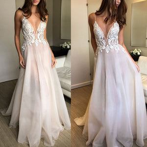 light pink prom dresses 2020 deep v neck lace appliqué beaded a line prom gown vestido de Longo