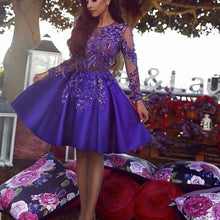 Load image into Gallery viewer, purple prom dresses short long sleeve lace applique elegant cheap graduation dresses robe de soiree