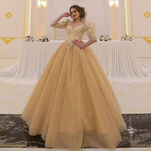 Load image into Gallery viewer, gold prom dresses 2021 lace applique v neck elegant vintage ball gown prom dresses robe de soiree