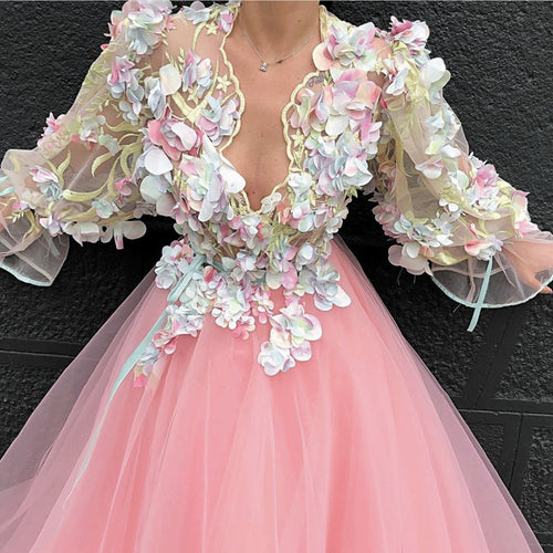 flare sleeve pink prom dresses long 3d flowers lace appliqué elegant v neck prom gown 2020 vestido de Longo