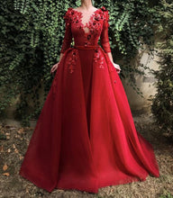 Load image into Gallery viewer, long sleeve red prom dresses with overskirt lace applique beaded detachable skirt elegant prom gown