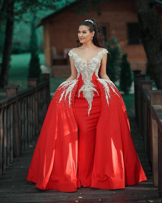 red beaded appliqué prom dresses detachable skirt v neck off the shoulder luxury prom gown