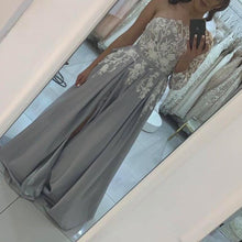 Load image into Gallery viewer, one shoulder prom dresses long sleeve lace applique silver elegant satin prom gown vestido de longo