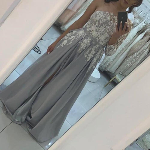 one shoulder prom dresses long sleeve lace applique silver elegant satin prom gown vestido de longo