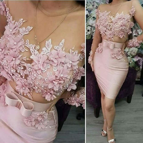 pink evening dresses short 2020 lace appliqué beaded handmade flowers elegant evening gown