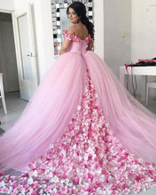 Load image into Gallery viewer, pink 3d flowers wedding ball gown elegant off the shoulder princess cheap wedding dresses boho vestido de noiva
