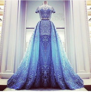 blue lace prom dresses with removable train short sleeve modest elegant beaded luxury prom gowns