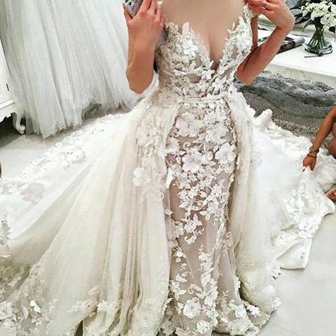 detachable train 3d flowers wedding dresses for bride lace appliqué elegant ivory 2020 wedding gown