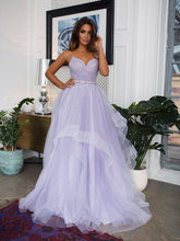 Load image into Gallery viewer, lavender tiered prom dresses ball gown beaded spaghetti straps tulle purple prom gown