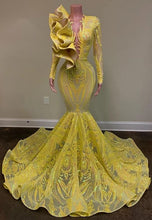 Load image into Gallery viewer, yellow sparkly evening dresses long sleeve mermaid modest sequin applique luxury formal party dresses vestidos de fiesta de longo