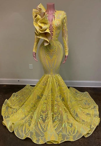 yellow sparkly evening dresses long sleeve mermaid modest sequin applique luxury formal party dresses vestidos de fiesta de longo