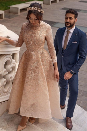 abendkleider champagne lace applique prom dresses 2020 long sleeve beaded muslim arabic prom gown 2021