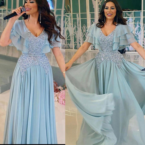 arabic prom dresses long chiffon blue short sleeve beaded lace elegant Dubai fashion prom gown