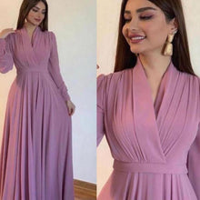 Load image into Gallery viewer, vintage pink prom dresses 2020 long sleeve v neck elegant chiffon simple prom gown 2021 vestidos