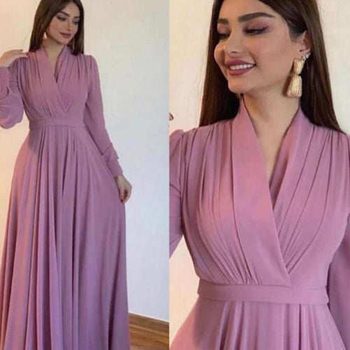 vintage pink prom dresses 2020 long sleeve v neck elegant chiffon simple prom gown 2021 vestidos