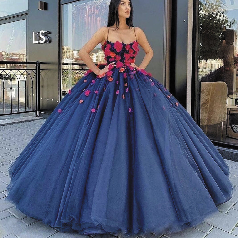 navy blue ball gown prom dresses floral spaghetti strap elegant luxury princess prom gowns 2021