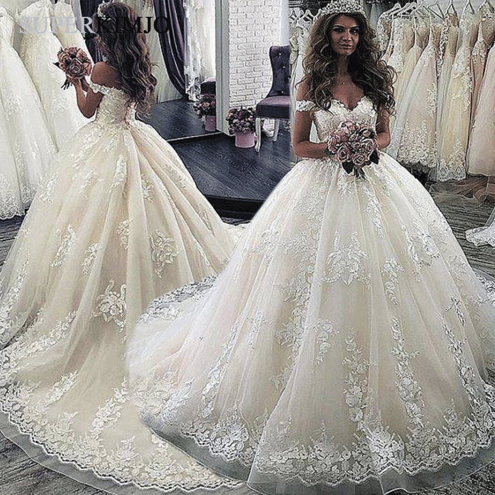 Off The Shoulder Lace Ball Gown Wedding Dress