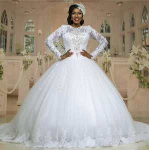 White Princess Wedding Dresses V Neck Long Sleeves Lace Appliques Ball Gowns