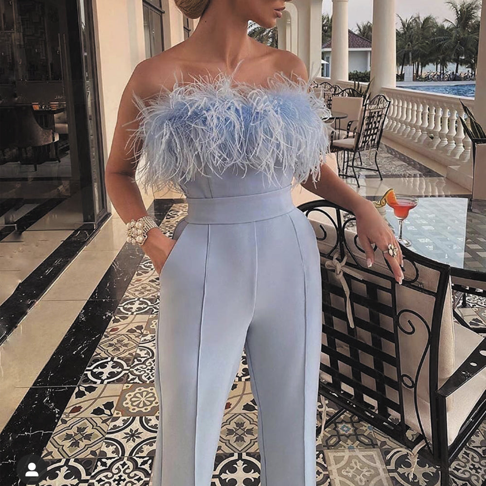 blue jumpsuit for women feather strapless elegant pant suit for weddings 2021 party dresses
