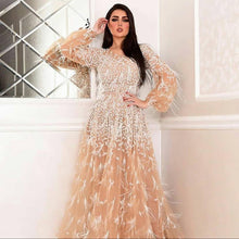 Load image into Gallery viewer, champagne feather prom dresses a-line luxury lace applique arabic prom gown robe de soiree