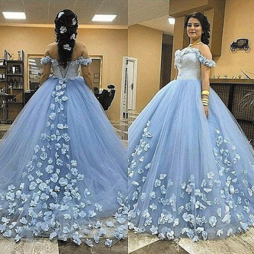 blue wedding dress ball gown 2020 handmade flowers elegant off the shoulder simple bridal dress