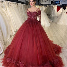 Load image into Gallery viewer, burgundy wedding dresses ball gown lace applique long sleeve elegant princess wedding gown