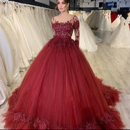 burgundy wedding dresses ball gown lace applique long sleeve elegant princess wedding gown